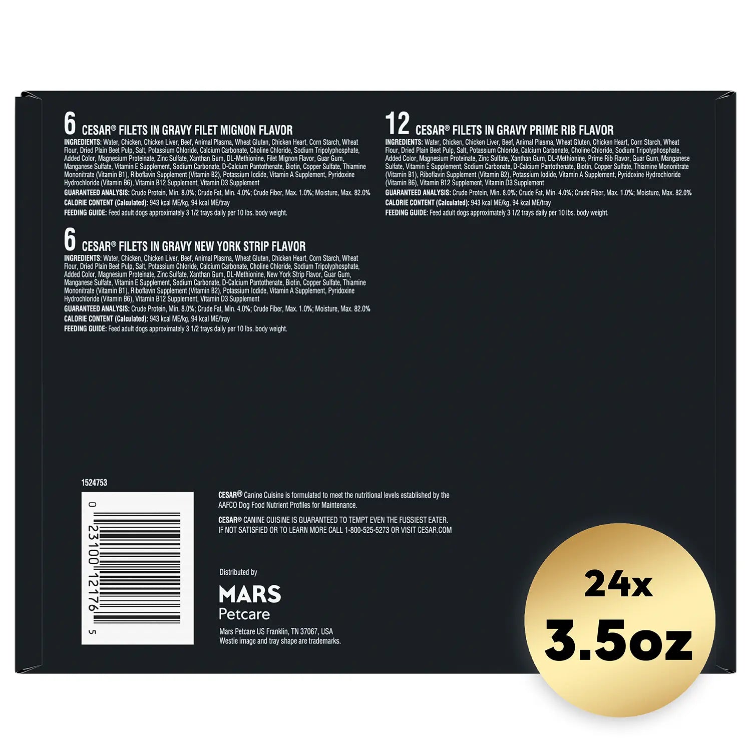 Back of Cesar Filets in Gravy Adult Wet Dog Food Variety Pack Prime Rib, Filet Mignon, New York Strip 24 Count 3.5-oz