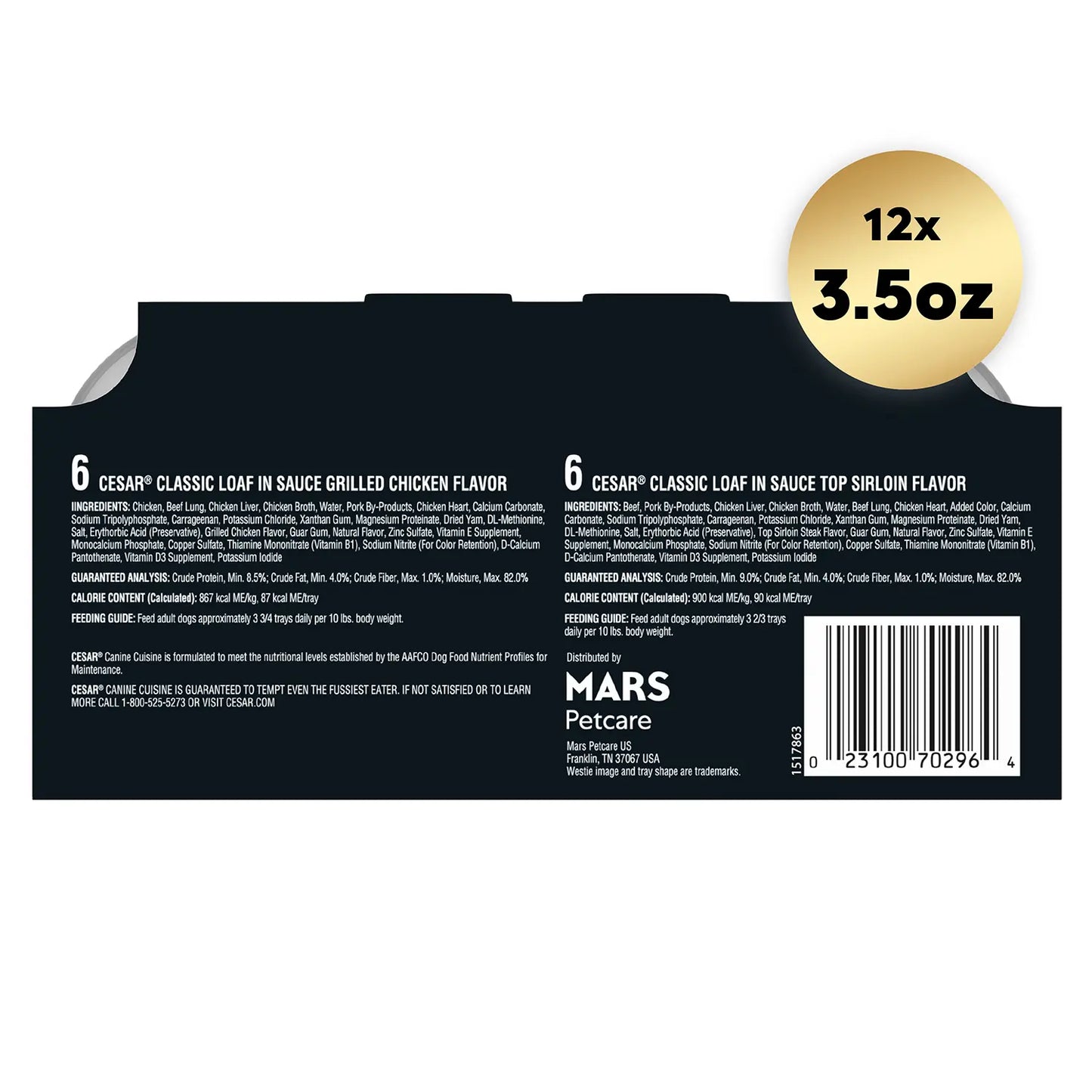 Back 2 of Cesar Classic Loaf in Sauce Adult Wet Dog Food Variety Pack Grilled Chicken & Top Serloin 12 Count 42.3-oz