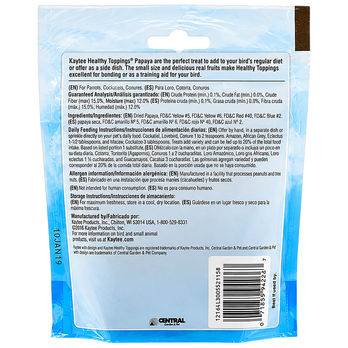 Back of Kaytee Healthy Toppings Papaya Bits for All Pet Birds 2.5-oz
