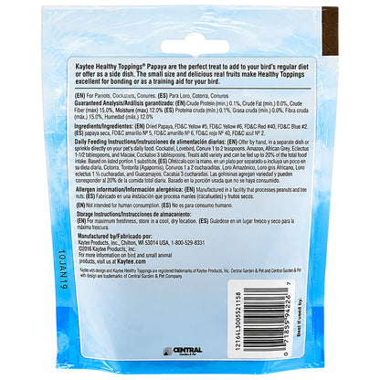 Back of Kaytee Healthy Toppings Papaya Bits for All Pet Birds 2.5-oz