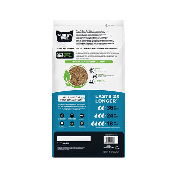 Back of World's Best Cat Litter Multiple Cat Lotus Blossom Scented Formula 15-lb
