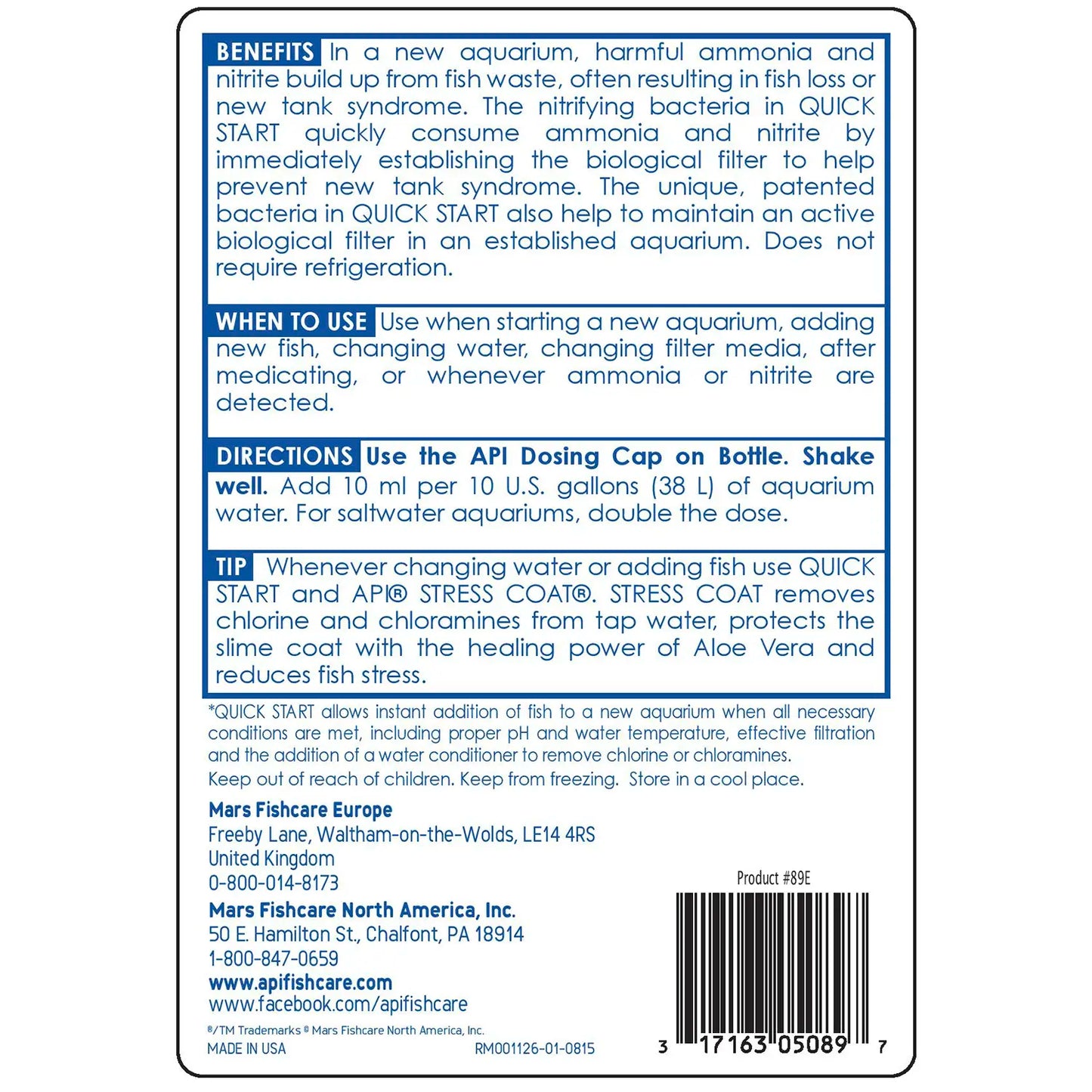 Back of API Quick Start Aquarium Water Conditioner 16-oz