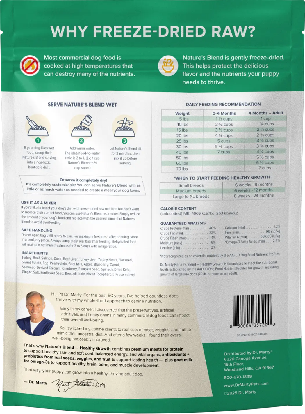 Back of Dr. Marty Nature's Blend Healthy Growth Freeze-Dried Raw Puppy Dog Food 16-oz