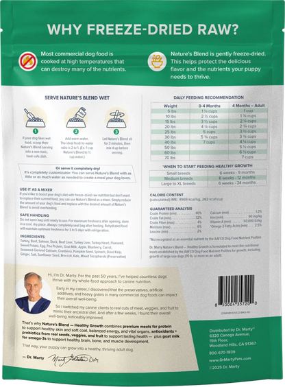 Back of Dr. Marty Nature's Blend Healthy Growth Freeze-Dried Raw Puppy Dog Food 16-oz