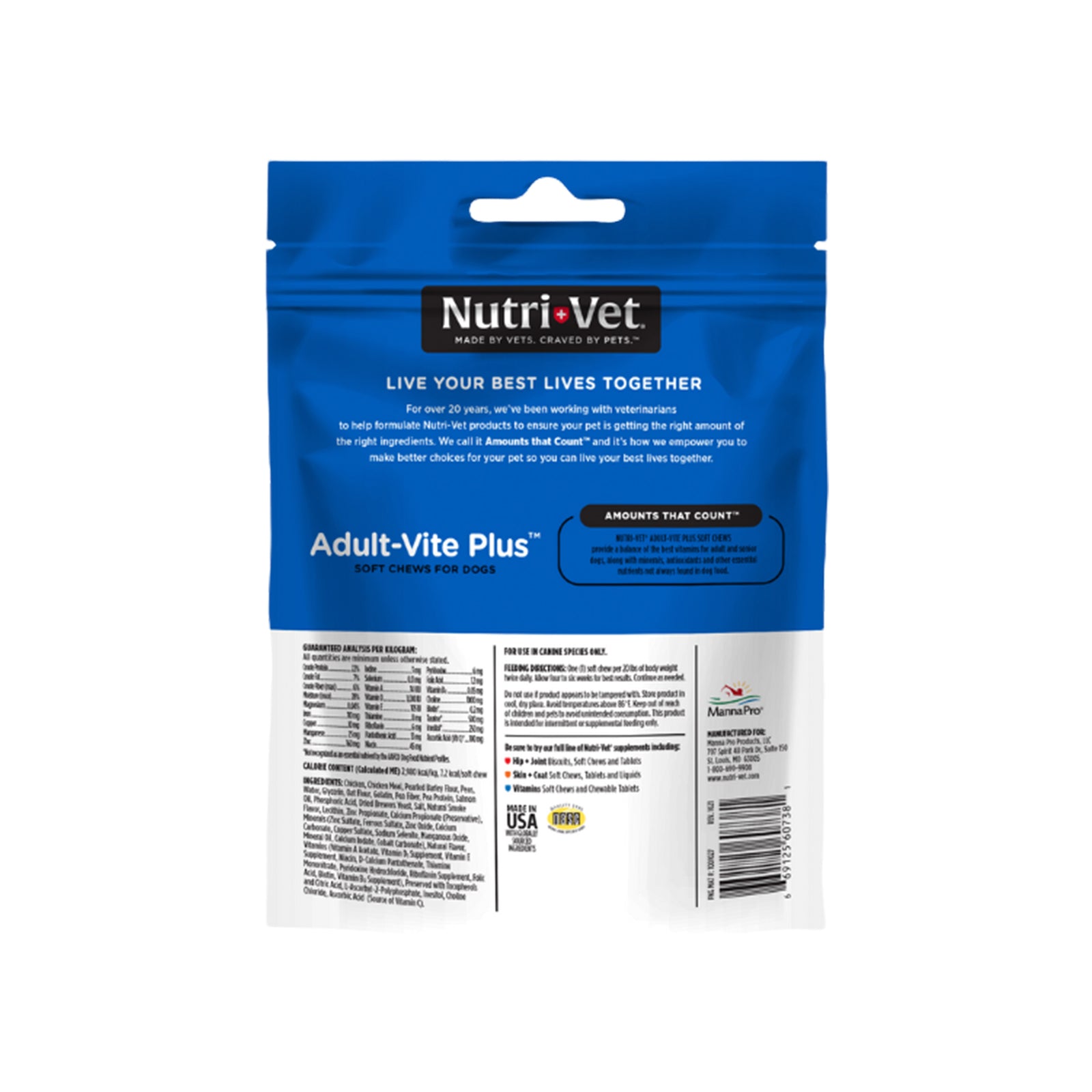 Back of Nutri-Vet Adult-Vite Plus Chicken Soft Chew Vitamins for Adult & Senior Dogs 6-oz