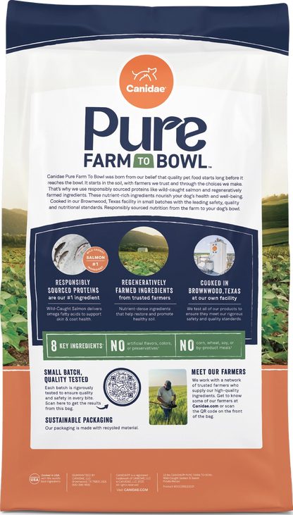 Back of Canidae Pure Goodness Grain-Free Puppy Dry Food Real Salmon & Sweet Potato Recipe 4-lb