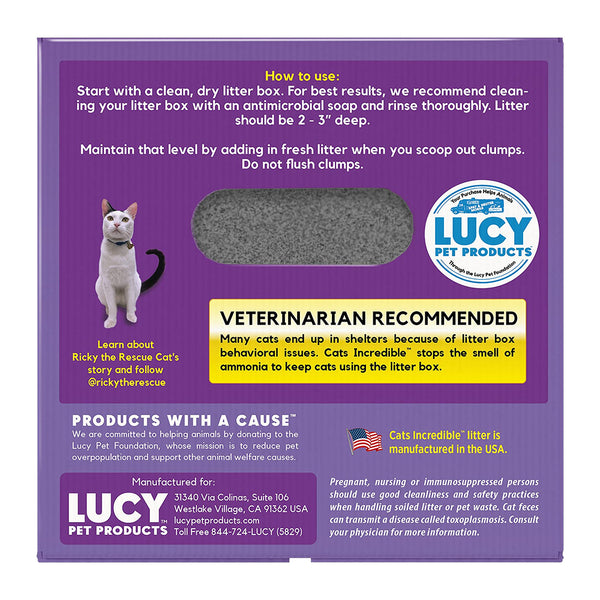 Back of Lucy Pet Products Cats Incredible Clumping Litter Light Lavender Scent 18-lb