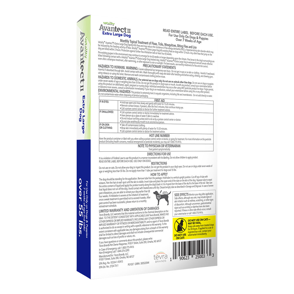 Back of Vetality Avantect II Flea & Tick for Extra Large Dogs over 55 lbs 4 Count 0.648-oz