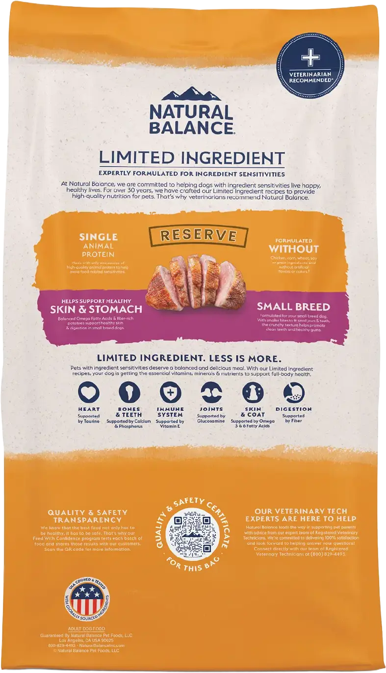 Back of Natural Balance Pet Foods Limited Ingredient Reserve Grain Free Small Breed Dry Dog Food Duck & Potato 4-lb