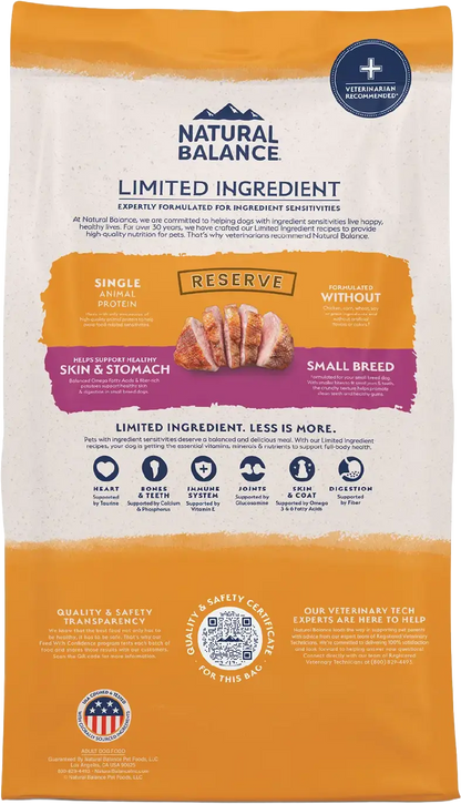 Back of Natural Balance Pet Foods Limited Ingredient Reserve Grain Free Small Breed Dry Dog Food Duck & Potato 4-lb