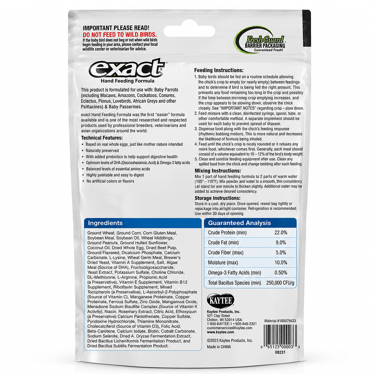 Back of Kaytee Exact Handfeeding Formula for Baby Birds 7.5-oz