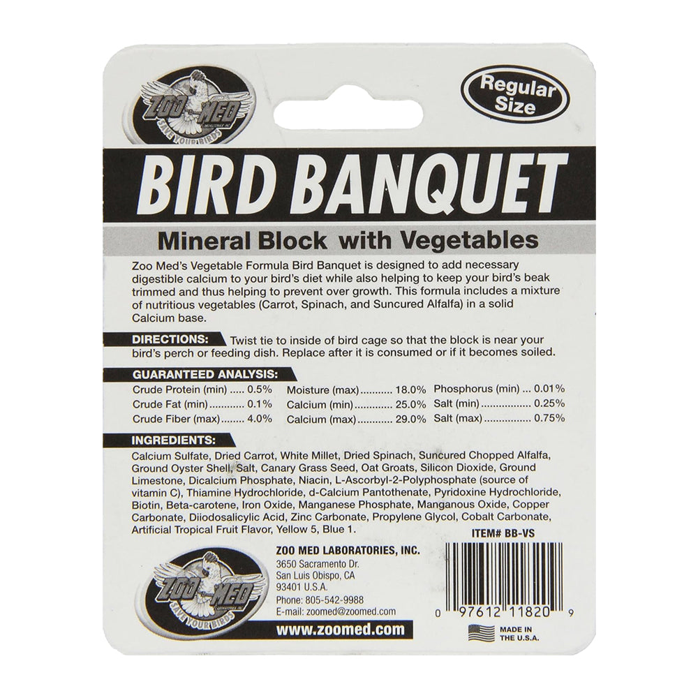 Back of Zoo Med Bird Banquet Vegetable Formula Mineral Block Green Small 1-oz