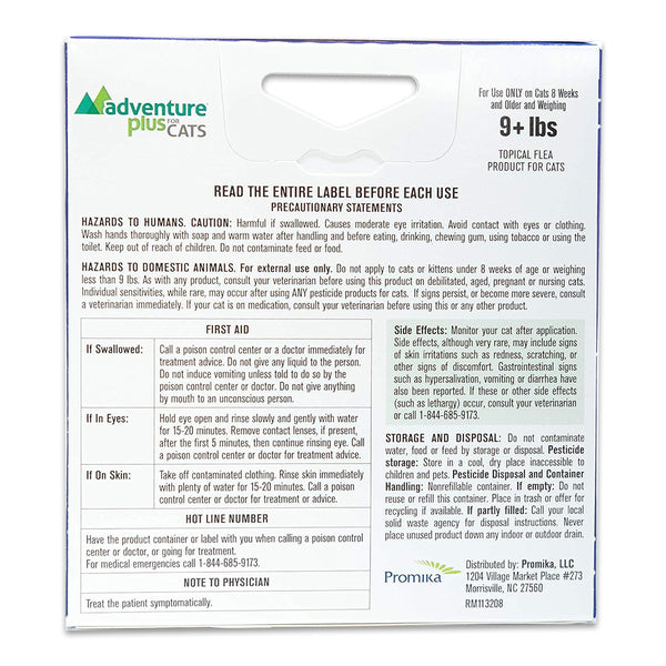Back of Promika Adventure Plus 4-Month Supply Flea & Tick Prevention for Cats Over 9-lbs 4 Count