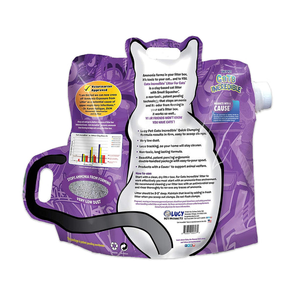 Back of Lucy Pet Products Cats Incredible Clumping Litter Light Lavender Scent 14-lb