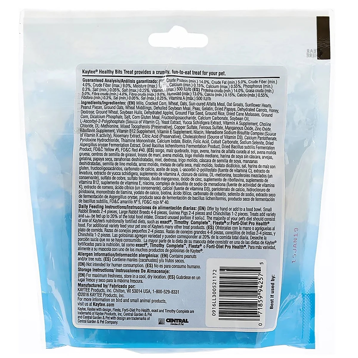 Back of Kaytee Healthy Bits Treat for Rabbits Guinea Pigs & Chinchillas 4.5-oz