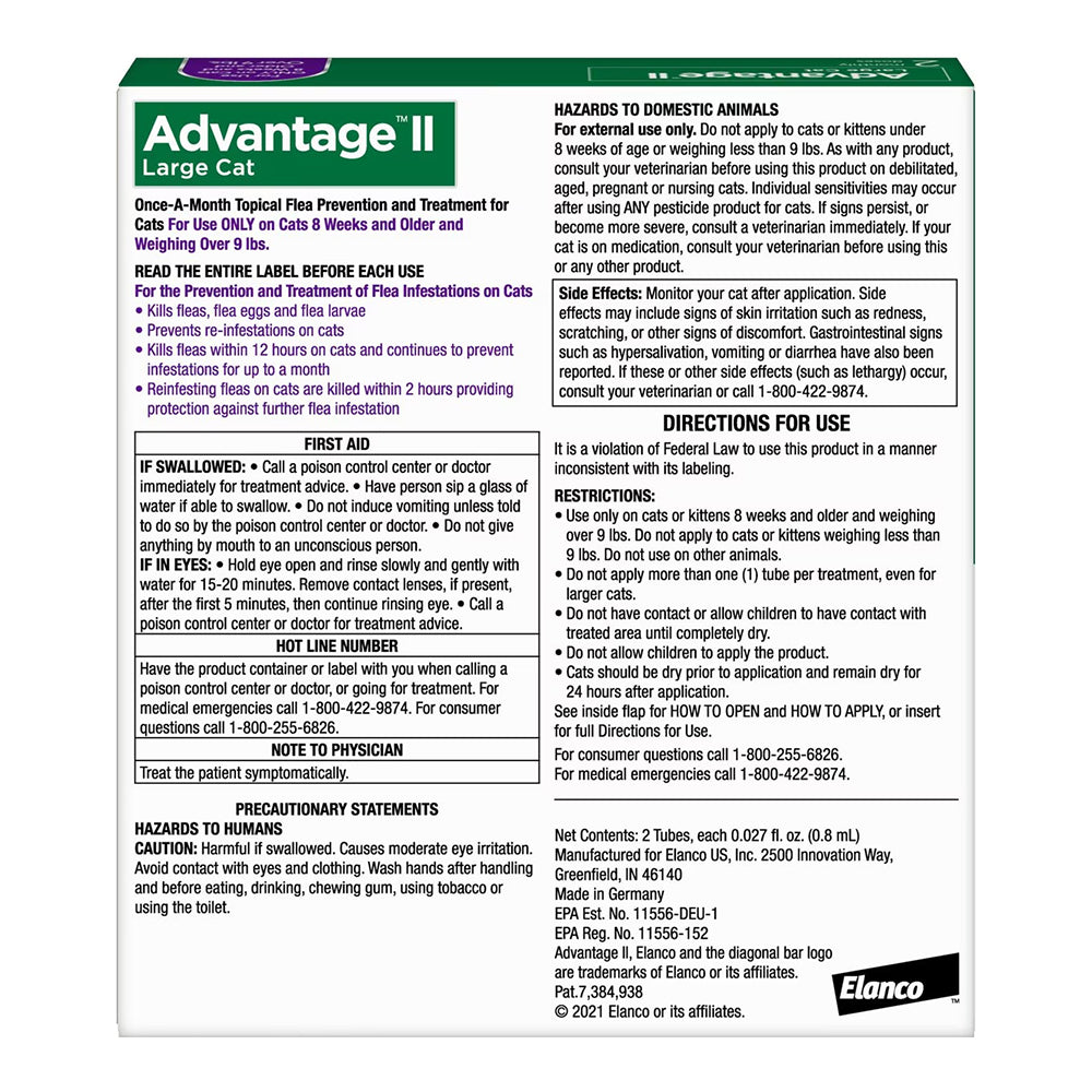 Back of Elanco Advantage II 2-Month Supply Topical Flea Treatment & Prevention for Large Cats Over 9 lbs