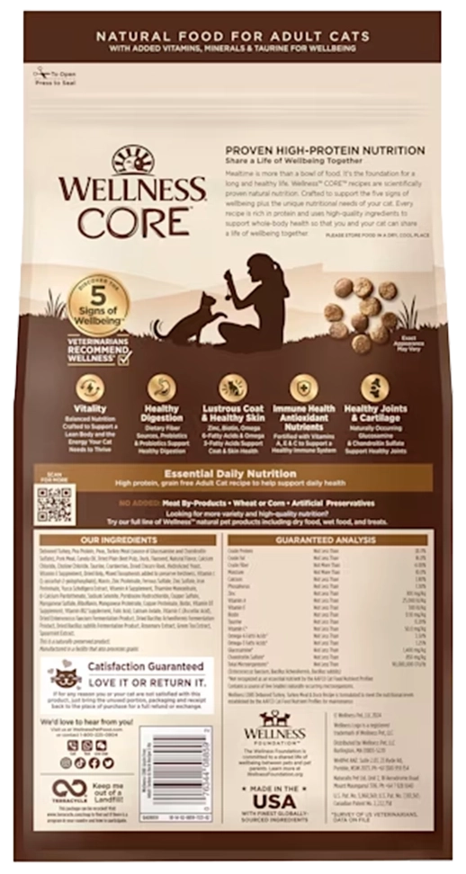 Back of Wellness CORE Grain-Free Adult Dry Cat Food Turkey, Turkey Meal & Duck Recipe 5-lb