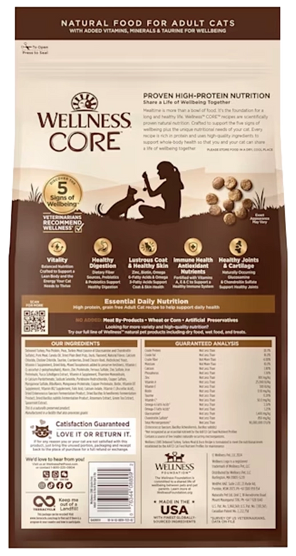 Back of Wellness CORE Grain-Free Adult Dry Cat Food Turkey, Turkey Meal & Duck Recipe 5-lb