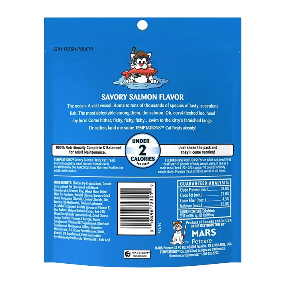 Back of Temptations Classics Crunchy & Soft Adult Cat Treats Savory Salmon 6.3-oz