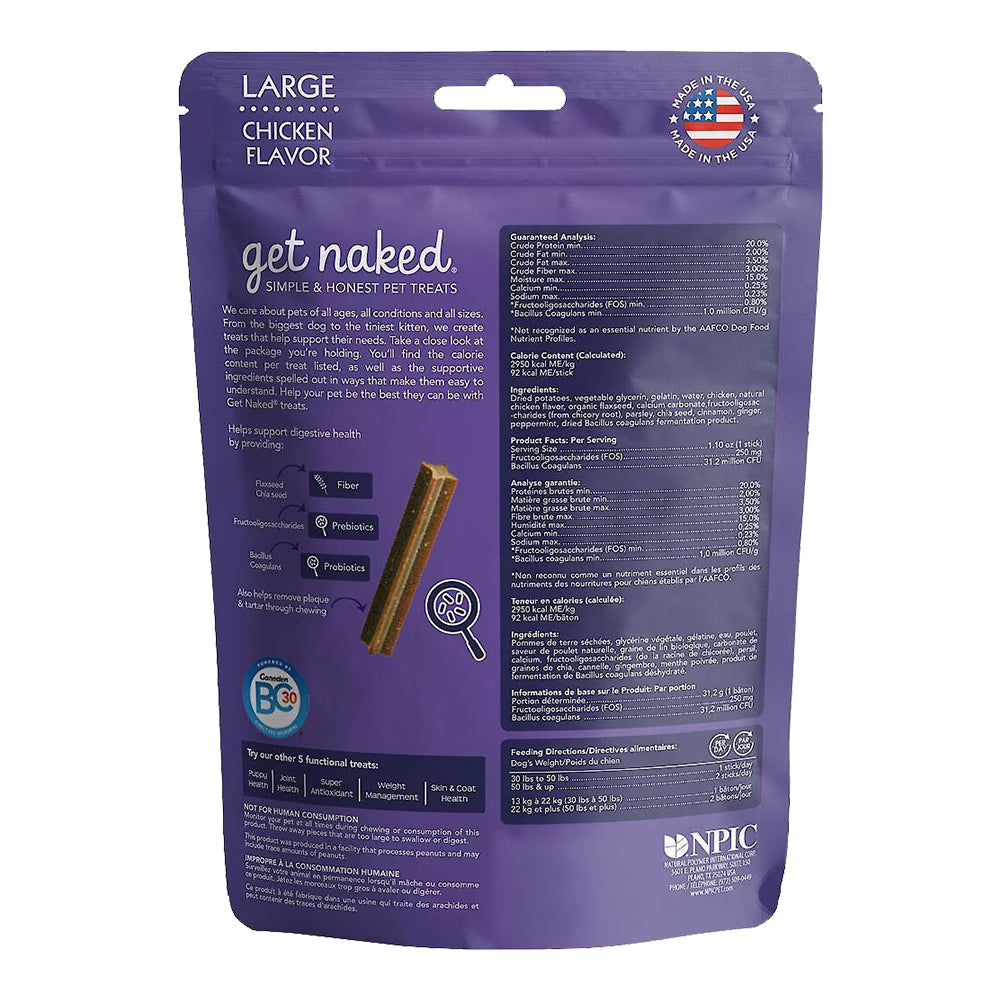 Back of Get Naked Digestive Health Grain-Free Dental Stick Chicken Dog Treats Large 6.6-oz