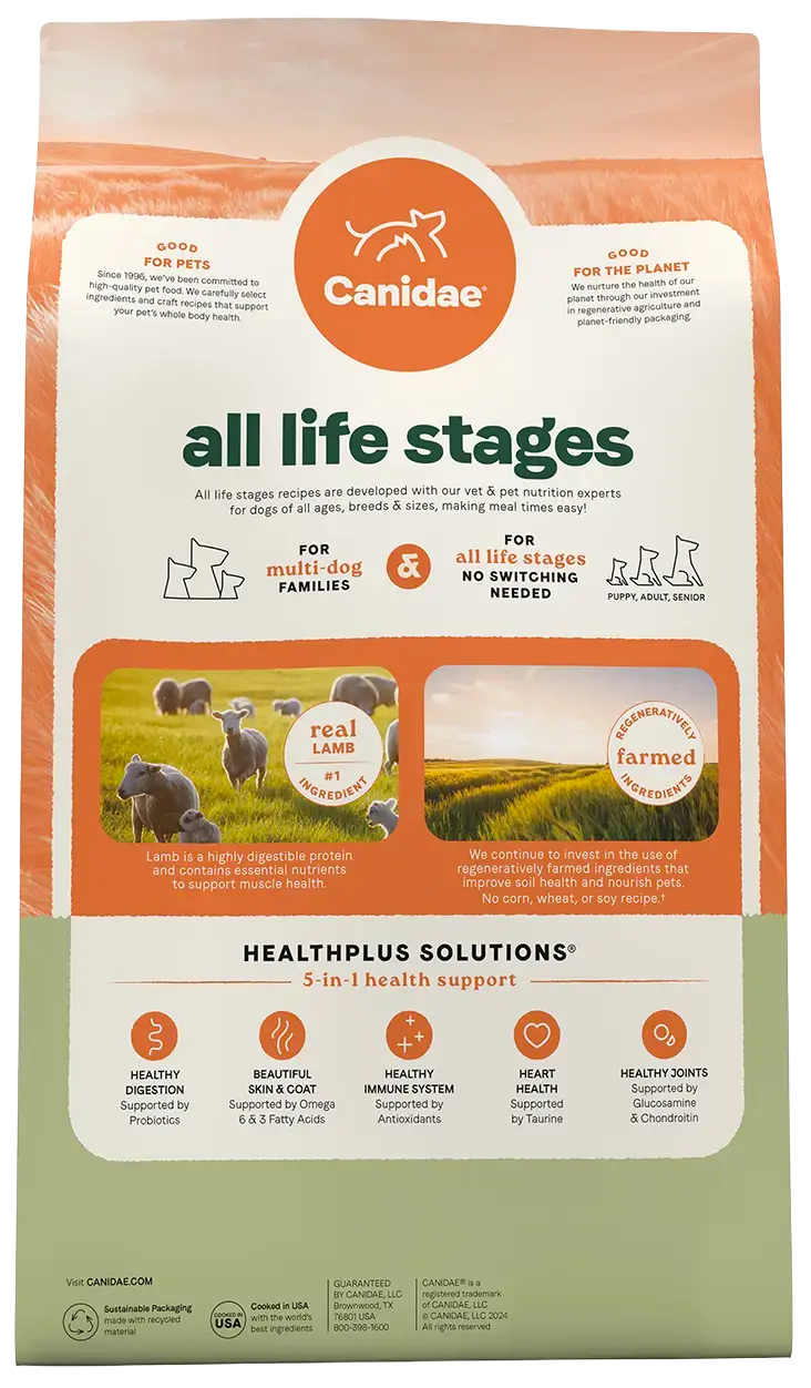 Back of Canidae All Life Stages Dry Dog Food Real Lamb & Ancient Grains Recipe 5- lb