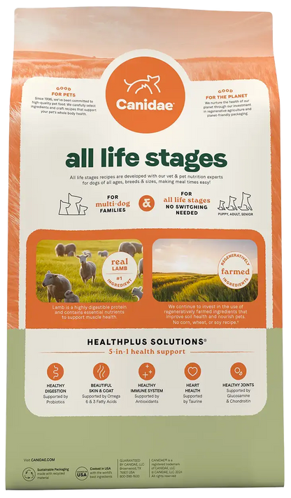 Back of Canidae All Life Stages Dry Dog Food Real Lamb & Ancient Grains Recipe 5- lb