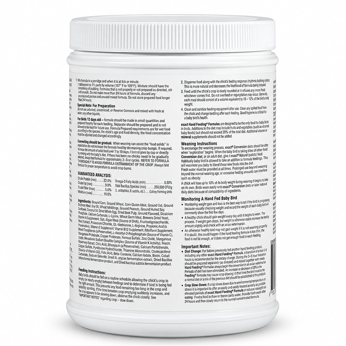 Back of Kaytee Exact Handfeeding Formula for Baby Birds 18-oz
