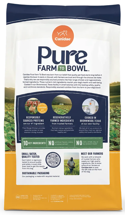 Back of Canidae Pure Goodness Grain-Free Limited Ingredient Adult Dry Dog Food Real Chicken, Lentil & Potato Recipe 4-lb