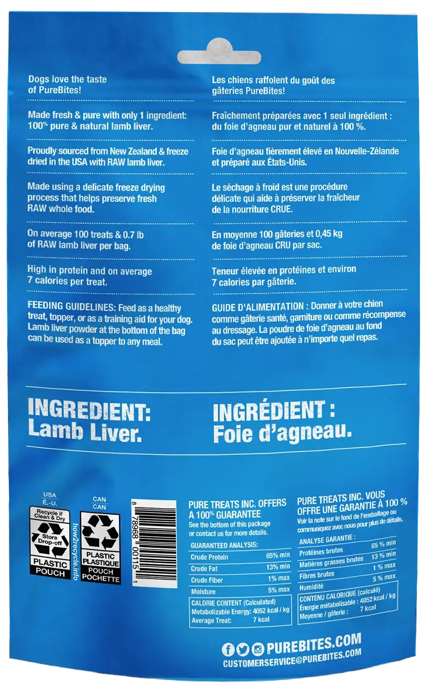 Back of PureBites Lamb Liver Freeze Dried Dog Treats 3.35-oz