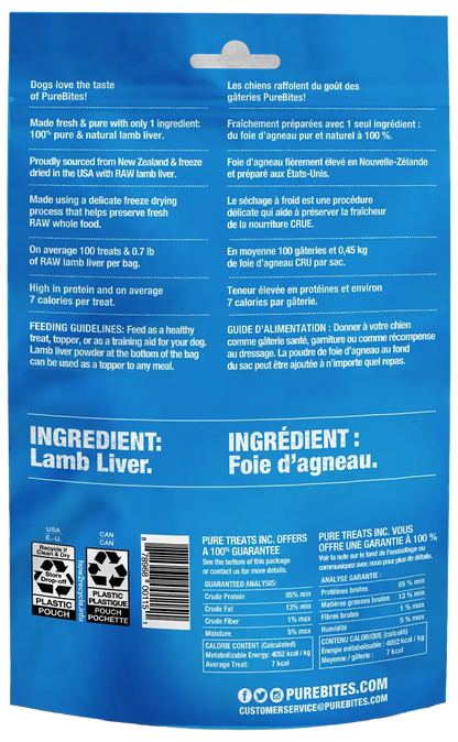 Back of PureBites Lamb Liver Freeze Dried Dog Treats 3.35-oz