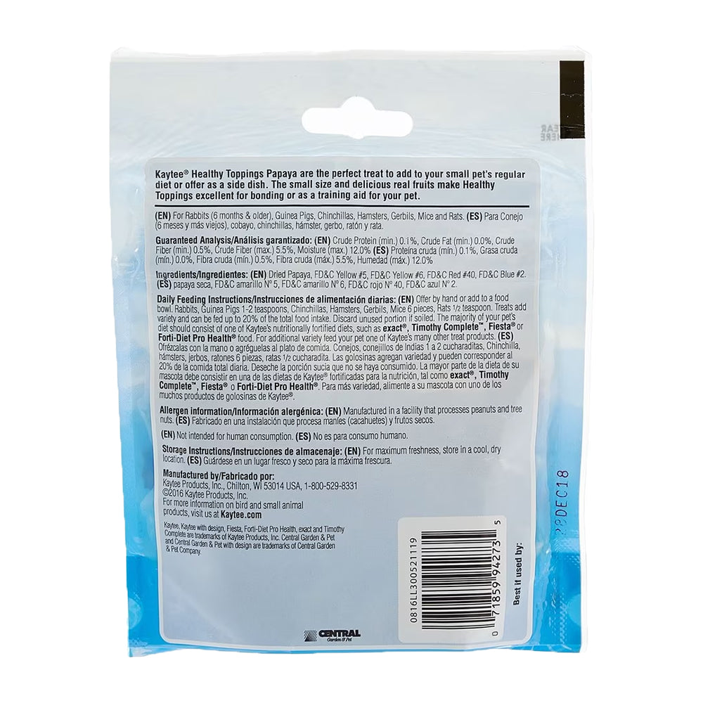 Back of Kaytee Healthy Toppings Papaya Treat for Small Animals 2.5-oz