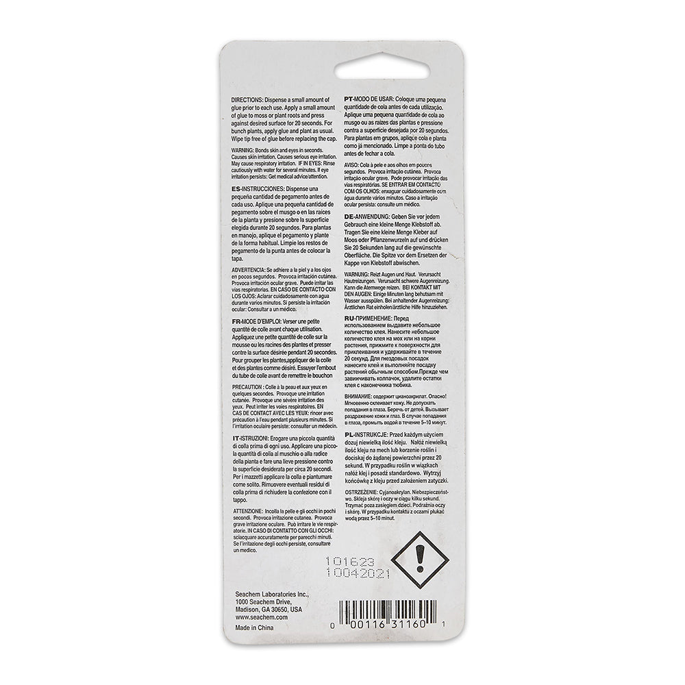 Back of Seachem Laboratories Flourish Glue Cyanoacrylate Adhesive Clear 4g 0.28-oz 2 Count