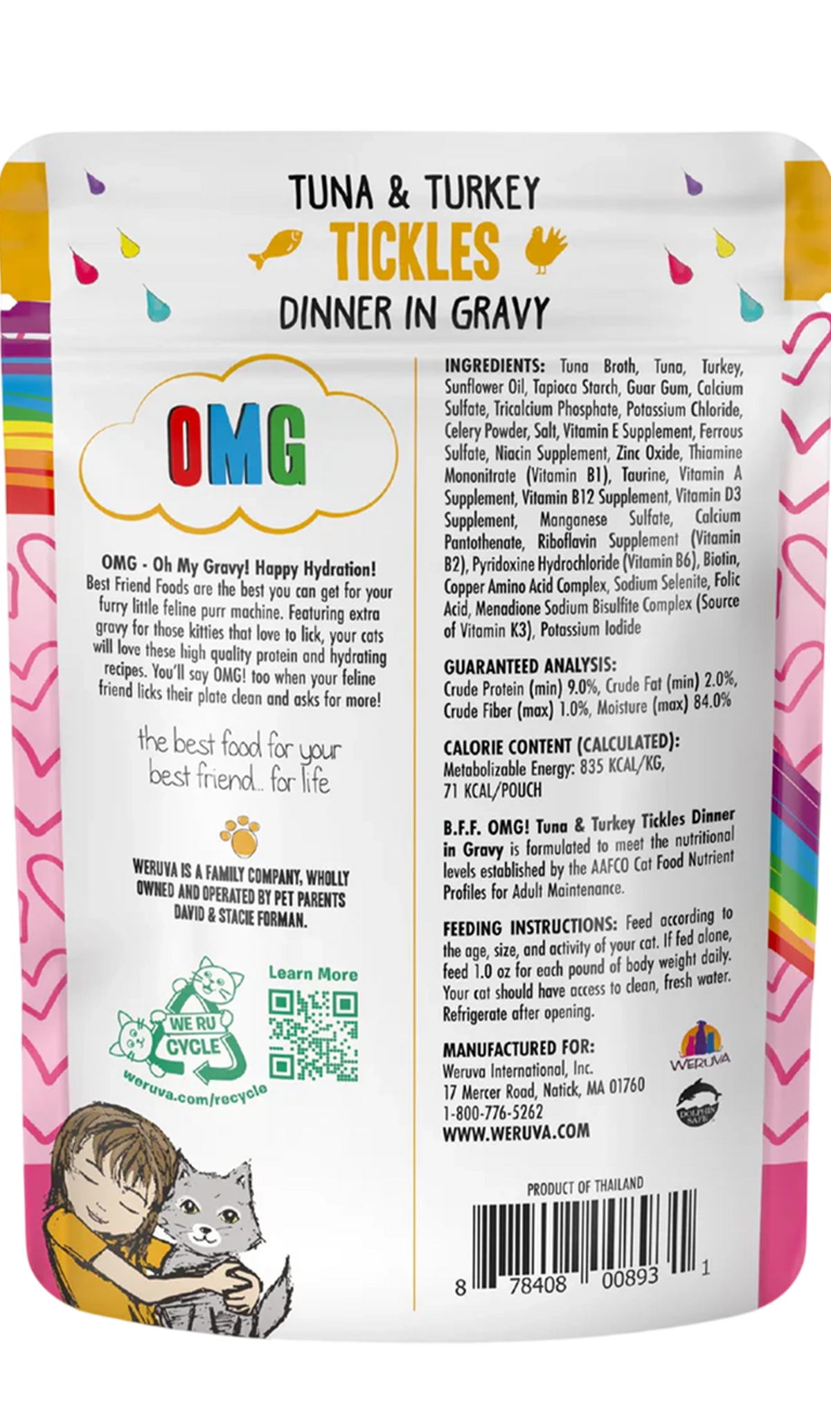 Back of Weruva B.F.F. OMG Tuna & Turkey Tickles Dinner in Gravy Wet Cat Food Pouches 3-oz