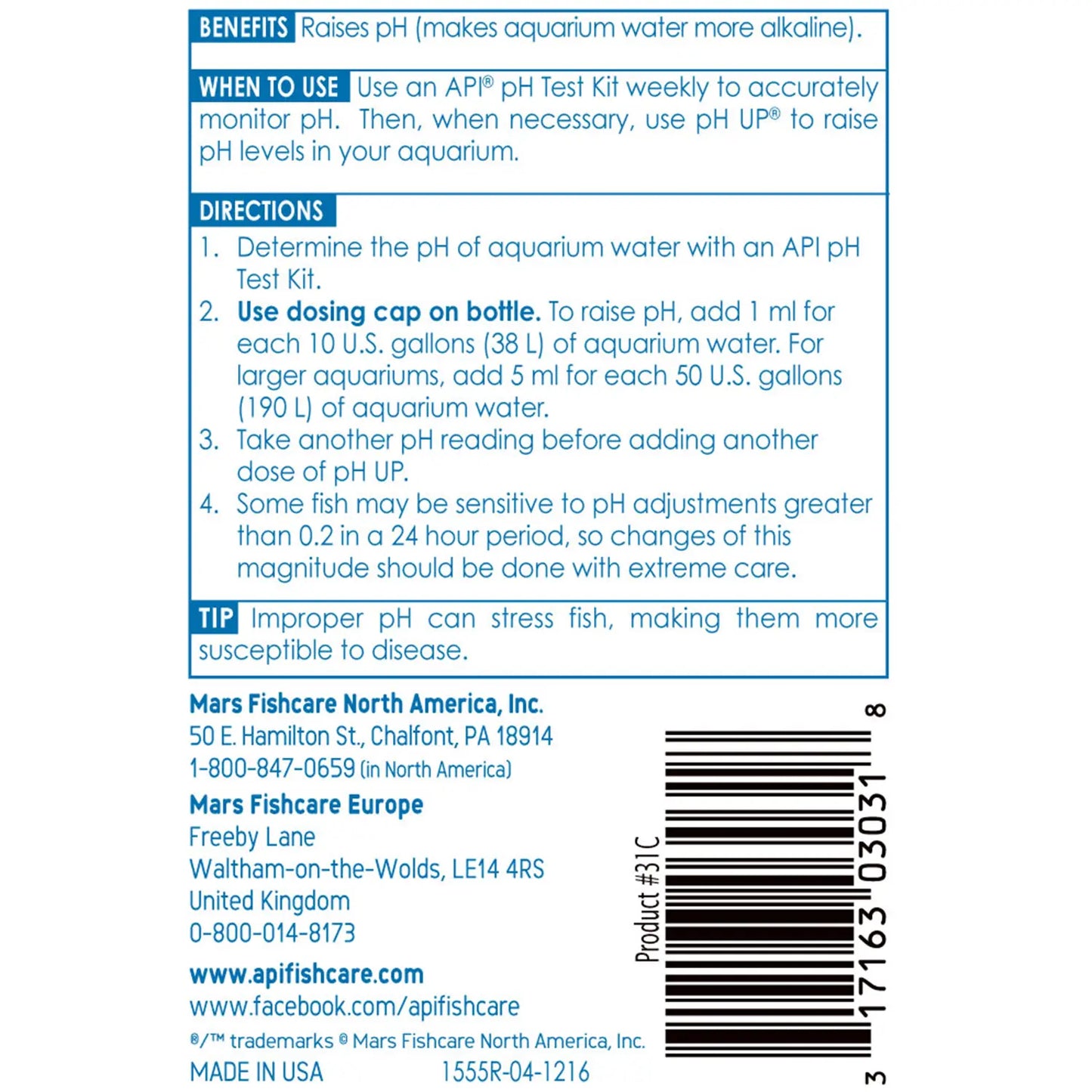 Back of API pH Up Freshwater Aquarium Water Treatment 4-oz