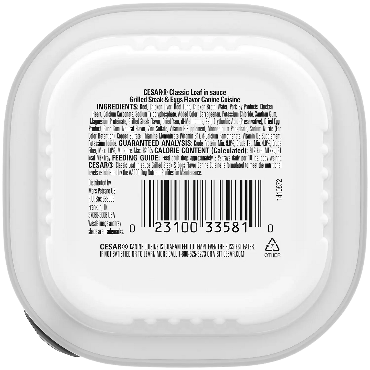 Back of Cesar Sunrise Classic Loaf in Sauce Adult Wet Dog Food Grilled Steak & Eggs 3.5-oz