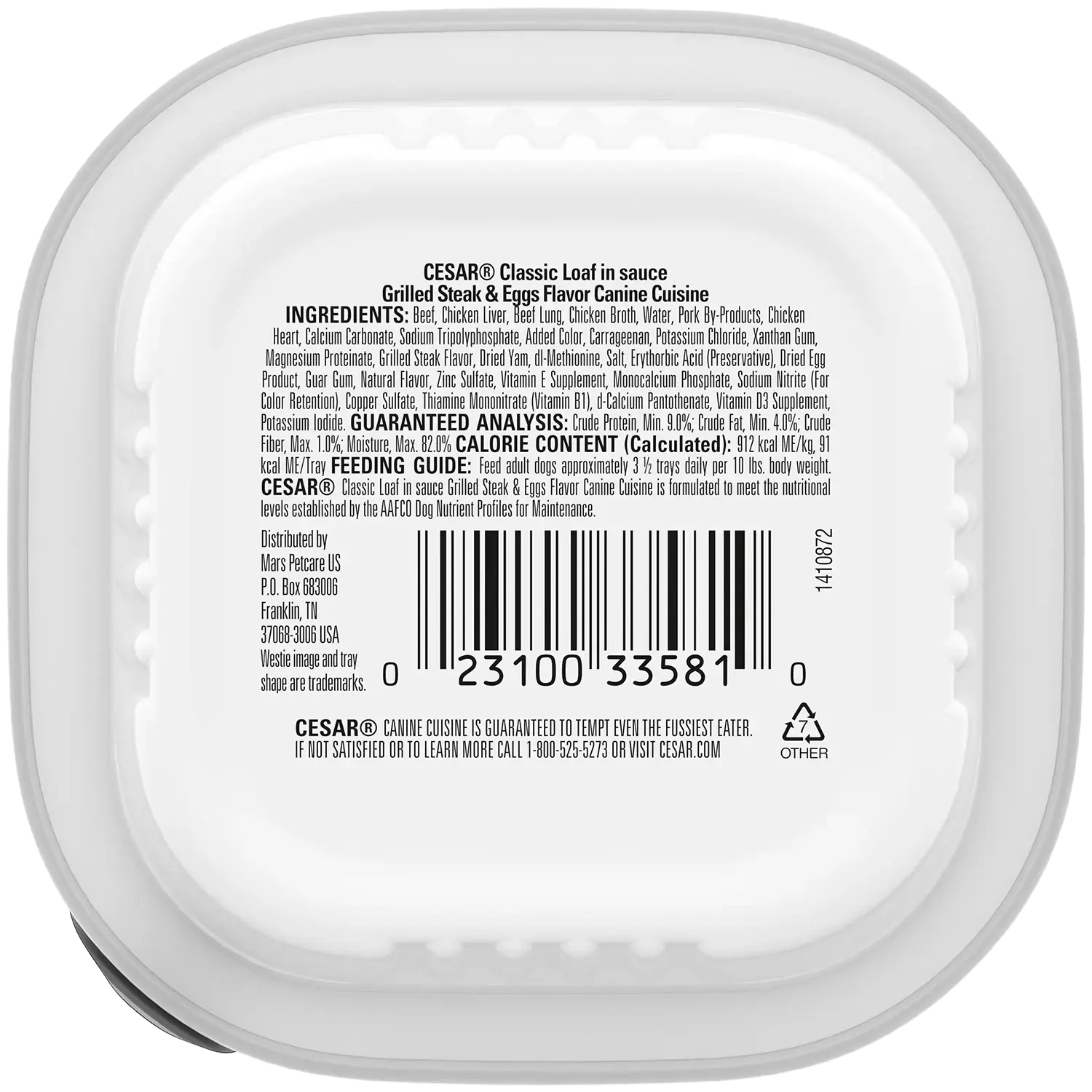Back of Cesar Sunrise Classic Loaf in Sauce Adult Wet Dog Food Grilled Steak & Eggs 3.5-oz