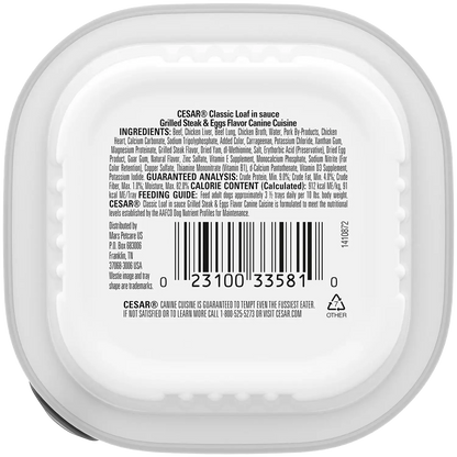Back of Cesar Sunrise Classic Loaf in Sauce Adult Wet Dog Food Grilled Steak & Eggs 3.5-oz