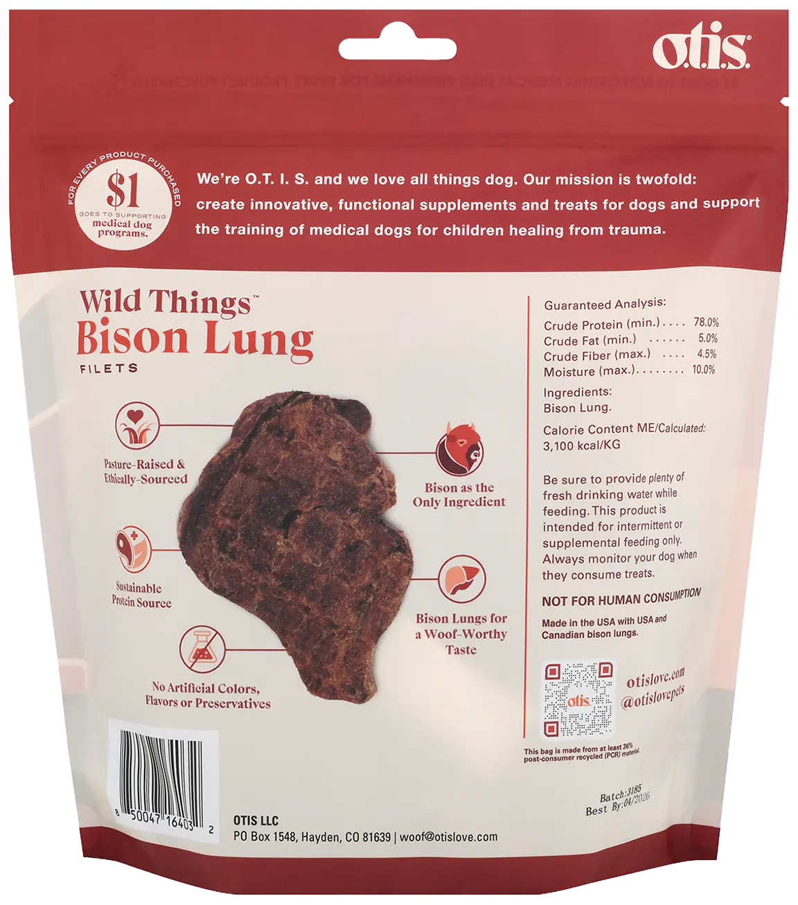 Back of O.T.I.S. Wild Things Dog Treat Filets Bison Lung 4-oz