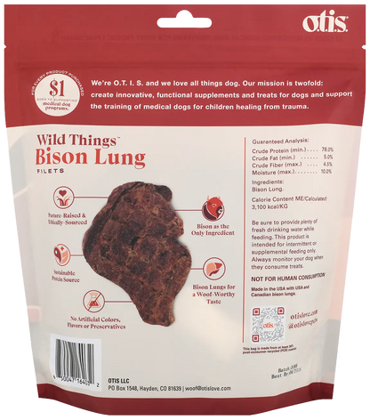 Back of O.T.I.S. Wild Things Dog Treat Filets Bison Lung 4-oz