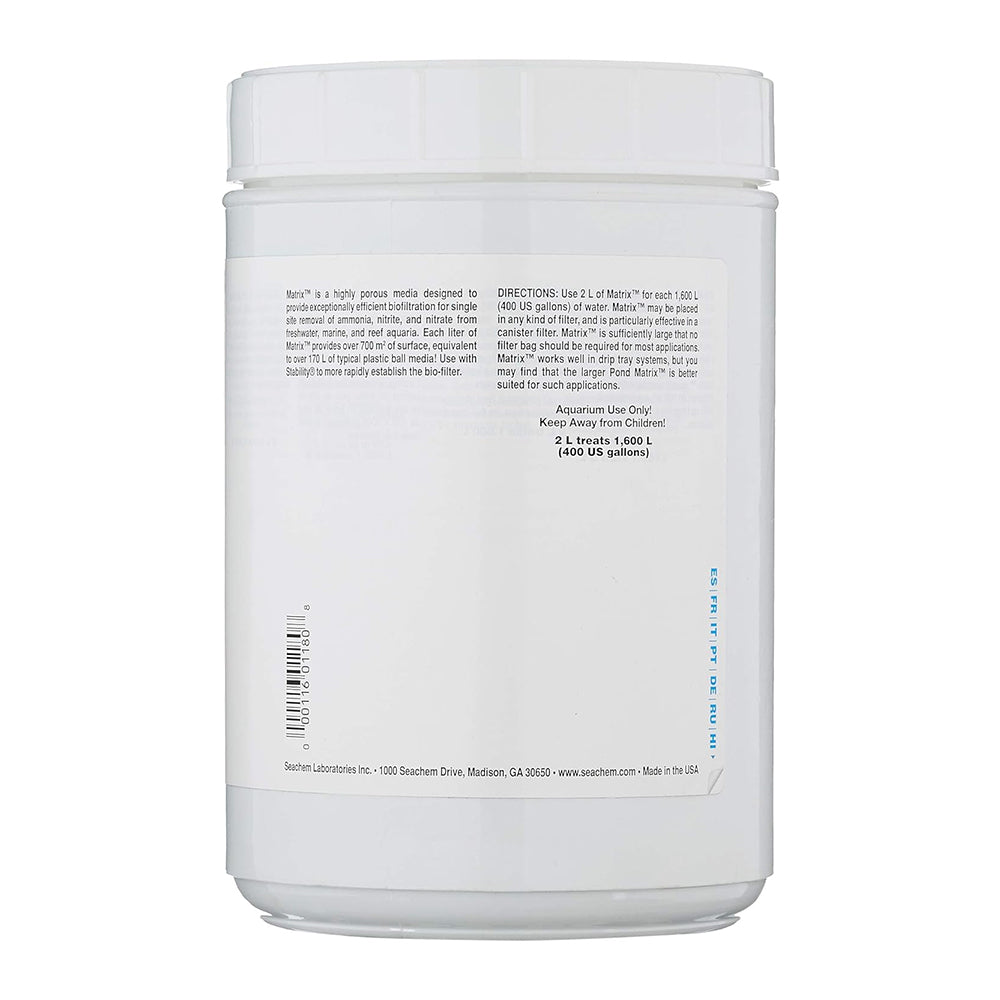 Back of Seachem Laboratories Matrix Biological Media 2 Liter