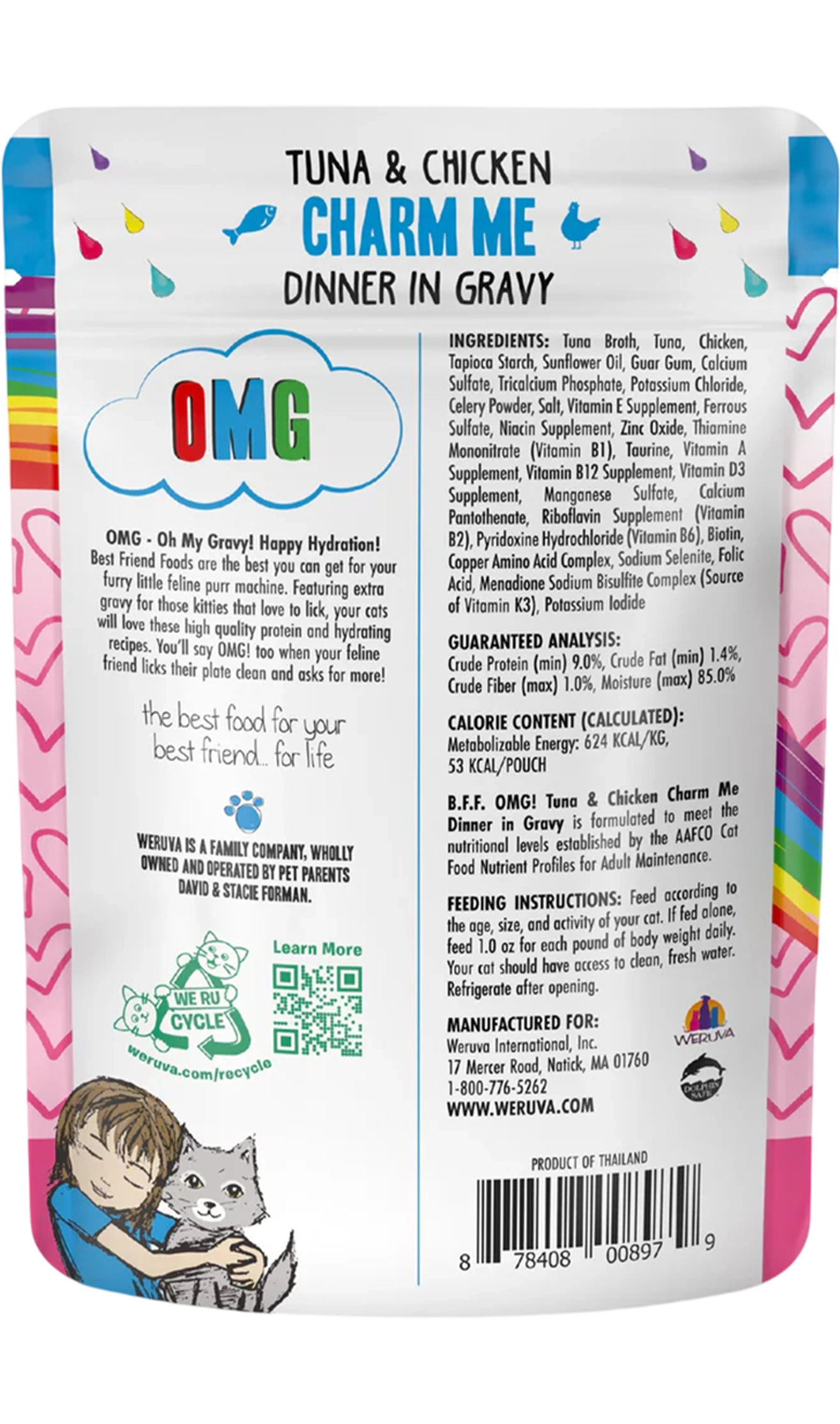 Back of Weruva B.F.F. OMG Tuna & Chicken Charm Me Dinner in Gravy Wet Cat Food Pouches 3-oz