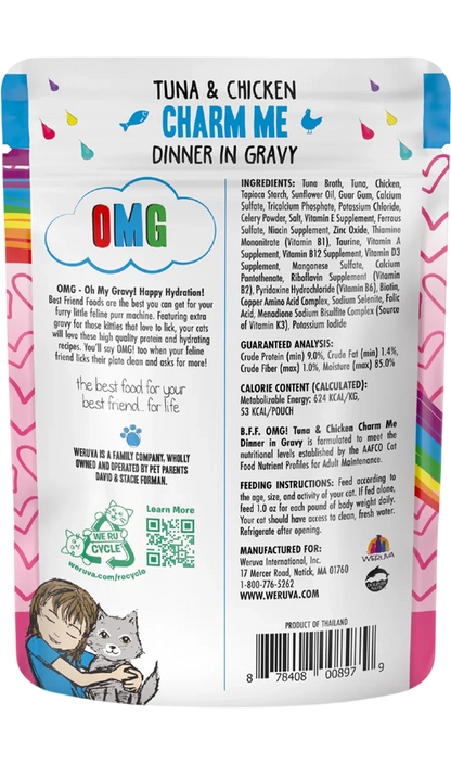 Back of Weruva B.F.F. OMG Tuna & Chicken Charm Me Dinner in Gravy Wet Cat Food Pouches 3-oz