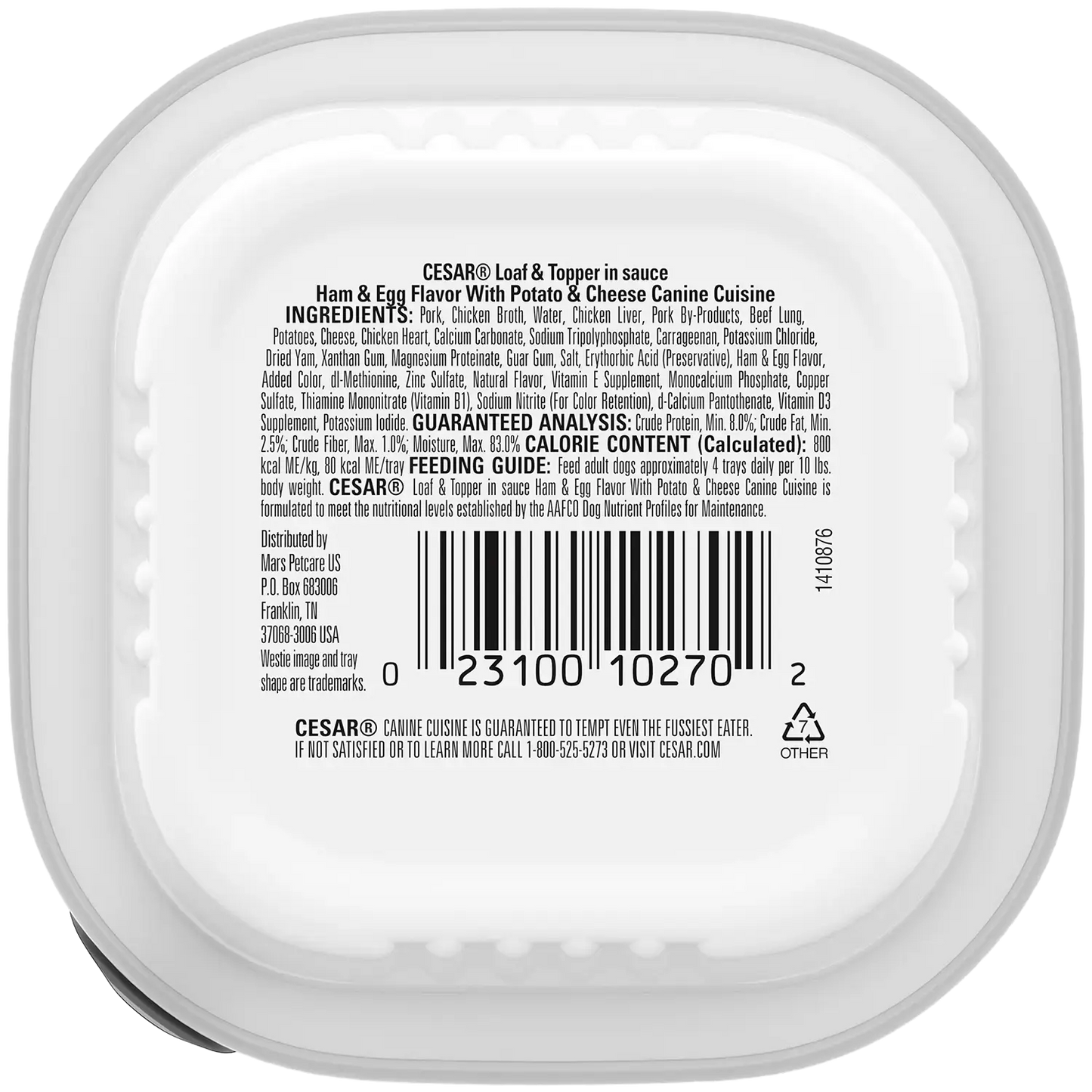 Back of Cesar Loaf & Topper in Sauce Adult Wet Dog Food Ham & Egg w/Potato & Cheese 3.5-oz