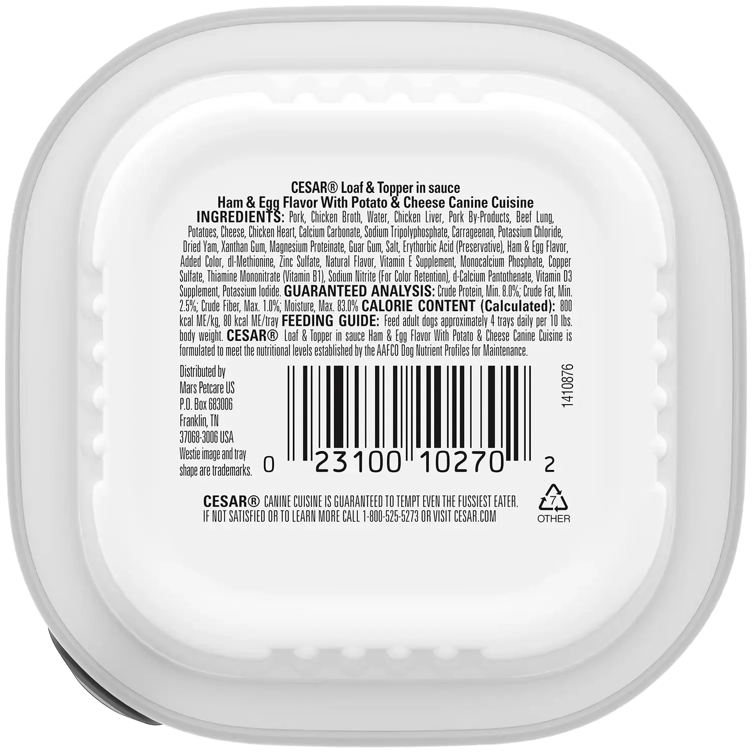 Back of Cesar Loaf & Topper in Sauce Adult Wet Dog Food Ham & Egg w/Potato & Cheese 3.5-oz
