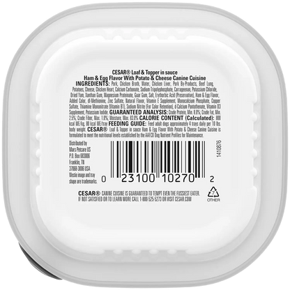Back of Cesar Loaf & Topper in Sauce Adult Wet Dog Food Ham & Egg w/Potato & Cheese 3.5-oz