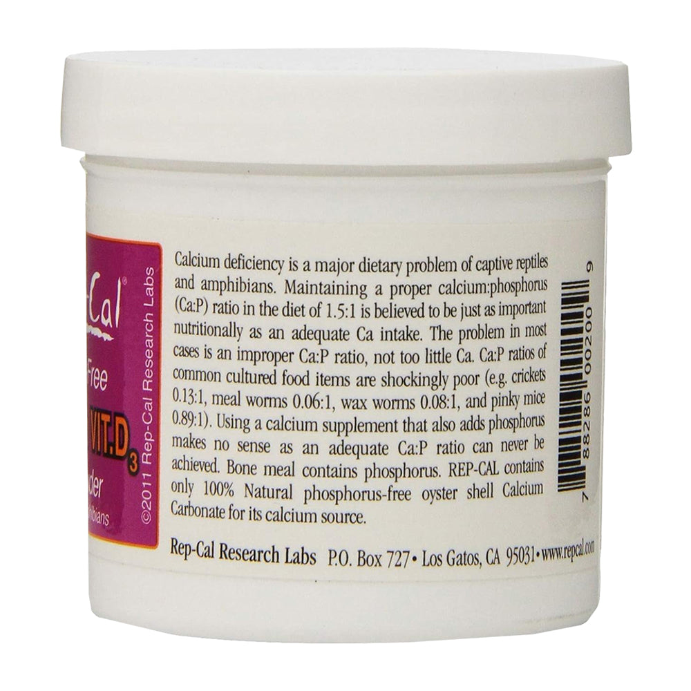 Back of Rep-Cal Research Labs Phosphorous-Free Calcium with Vitamin D3 Ultrafine Powdered Supplement 3.3-oz
