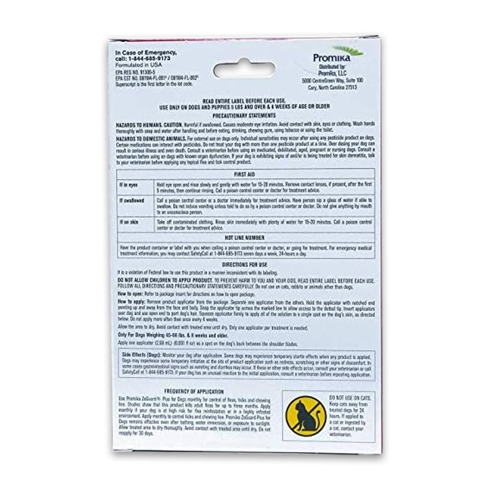 Back of Promika ZoGuard Plus 3-Month Supply Flea & Tick Prevention for Dogs 45-88 lbs 3 Count