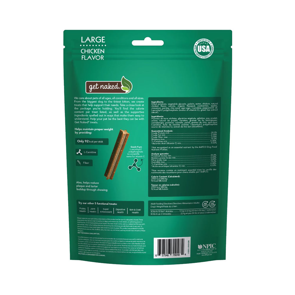 Back of Get Naked Weight Management Grain-Free Dental Stick Chicken Dog Treats Large 6.6-oz