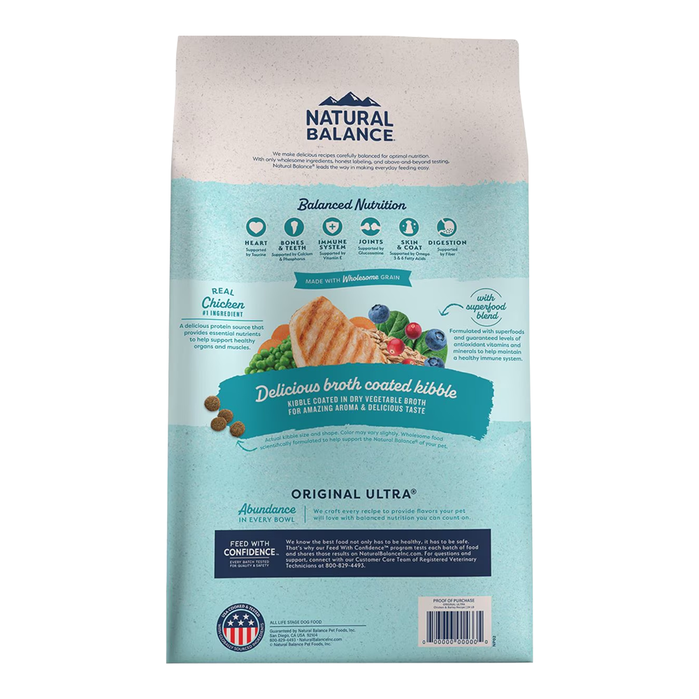 Back of Natural Balance Pet Foods Original Ultra Broth Coated Dry Dog Food Chicken & Barley 4-lb