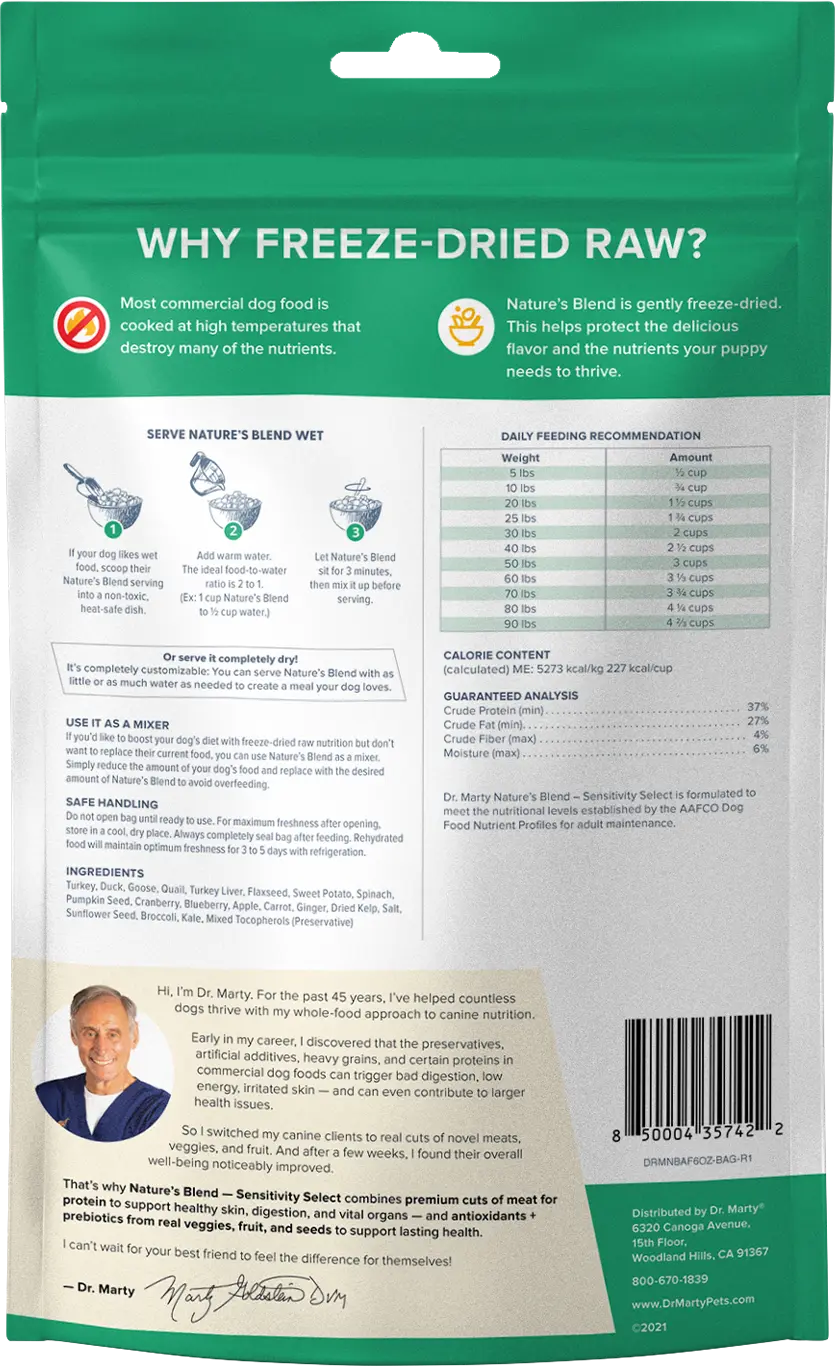 Back of Dr. Marty Nature's Blend Sensitivity Select Freeze-Dried Raw Adult Dog Food 6-oz
